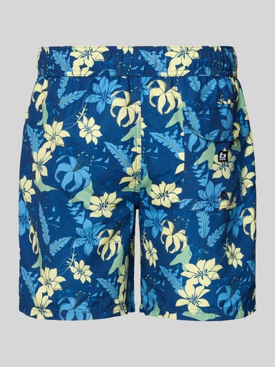Produktfoto, Badeshorts mit Gesäßtasche Modell 'BHRADBORNE TROPICAL' von Blend, bunten floralen Muster in Gelb und Blau, lockerer Schnitt, elastischer Bund, Gesäßtasche mit Klettverschluss, für Herren
