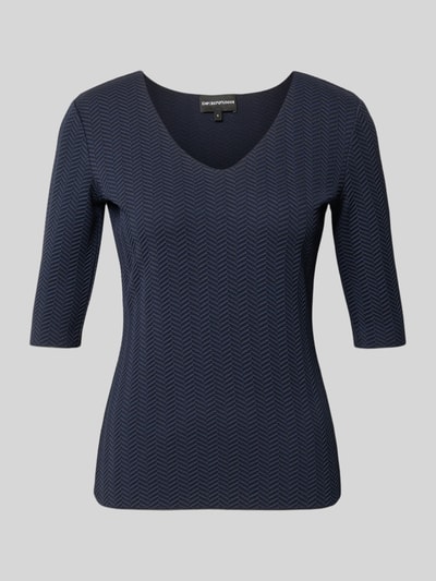 Produktfoto, Regular Fit Bluse mit Strukturmuster von Emporio Armani, Elastischer-Material-Mix, V-Ausschnitt, Halbarm, dunkelblau
