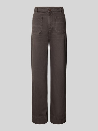 Produktfoto, Straight Fit Jeans aus reiner Baumwolle von Victoria Beckham in Dunkelbraun, aufgesetzte Taschen, Knopfverschluss, feste Stoffstruktur, angedeutete Tragefalten, Damen Jeans