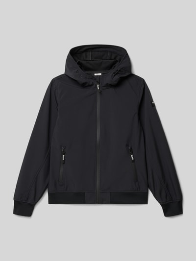 Produktfoto, Regular Fit Softshell-Jacke aus wasserabweisendem Material von s.Oliver RED LABEL, unifarben schwarz, Kapuze, Reißverschlusstaschen, gerippte Bündchen, atmungsaktiv, winddicht, Softshell Textur