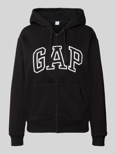 Produktfoto, czarna bluza rozpinana z mieszanki bawełny, krój relaxed fit, logo, kaptur, zamek błyskawiczny, kieszeń kangurka, model 'HERITAGE' od GAP