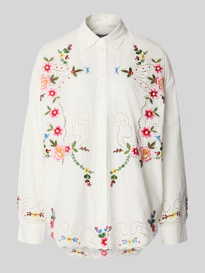 Produktfoto, Damen Langarmbluse Modell 'JAYME' von Essentiel Antwerp, weiß mit bunten Stickereien, florale Muster und Lochstickerei