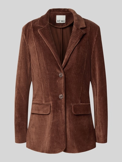 Produktfoto, brauner Cord-Slim-Fit-Blazer mit Reverskragen, Knopfverschluss und Pattentaschen, Slim Fit Blazer aus Cord Modell 'TAMARY' von ICHI, Damen Blazer, Baumwoll-Mix mit Stretch-Anteil, fein strukturierte Oberfläche