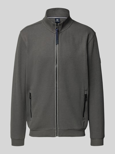 Produktfoto, Sweatjacke mit Strukturmuster und Reißverschlusstaschen van Lerros, katoenmix, regular fit, opstaande kraag, ritssluiting, ritszakken, antraciet kleur, fijne structuur.