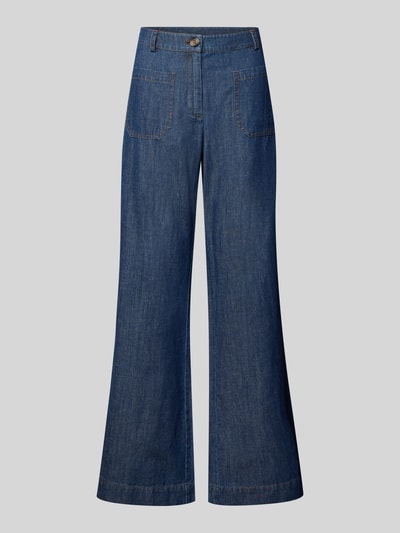 Produktfoto, Flared Hose mit aufgesetzten Taschen von Jake*s Collection in Dunkelblau mit Flared Cut, sichtbaren Nähten und Gesäßtaschen.