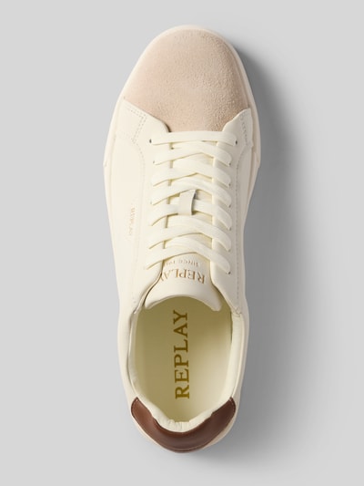 Produktfoto, Sneaker aus beschichtetem Leder mit Label-Details von Replay in Beige und Braun, strukturierte Sohle, abgerundete Form, Modell 'EVAN MIX', Oberansicht