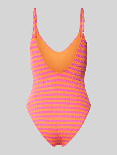 Produktfoto, Badeanzug mit Strukturmuster von Polo Ralph Lauren, Optik:Allover-Muster, gestreift, orange-pink, Logo-Stitching, V-Ausschnitt, Rückenausschnitt