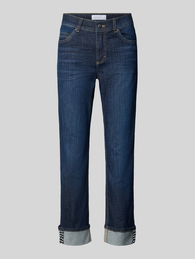 Produktfoto, dunkelblaue Slim Fit Jeans aus baumwoll-Mix Modell 'Cira Glow' von ANGELS, Damen Slim Fit Jeans von ANGELS, sichtbare helle Nähte und umgeschlagene Beinabschlüsse