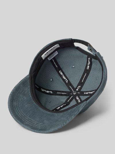 Productfoto, blauwgrijze corduroy textuur met labelstitching, klep en binnenwerk, Basecap aus Cord mit Label-Stitching Modell 'Harlem' van Carhartt Work In Progress, puur katoen, versterkte klep