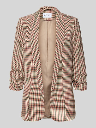 Produktfoto, Shaped Fit Longblazer mit Schalkragen Modell 'BOSELLA' von PIECES, feines Hahnentrittmuster in Beige und Braun, glatte Textur