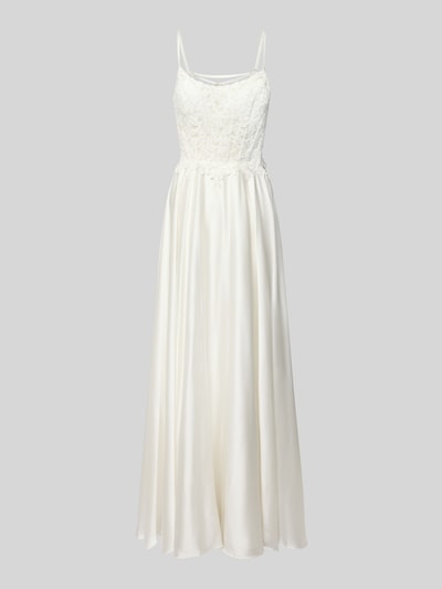 Produktfoto, Abendkleid mit rückseitiger Schnürung und Spitze von Mascara, weiß, Satin, A-Linie, Maxikleid, Spitzendetails, eleganter Look