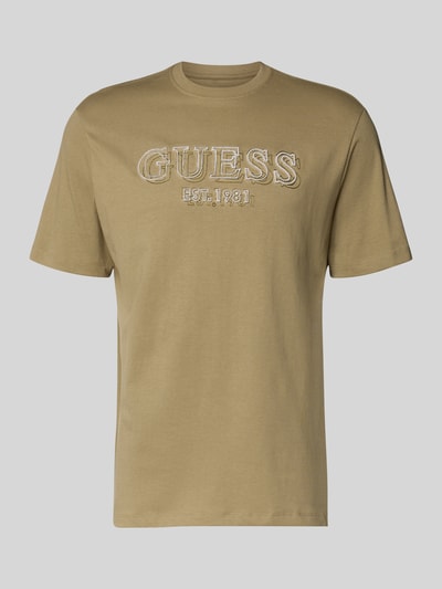 Produktfoto, T-Shirt mit Label-Detail von Guess in Beige, reine Baumwolle, Regular Fit, gerippter Rundhalsausschnitt, Label auf Brust