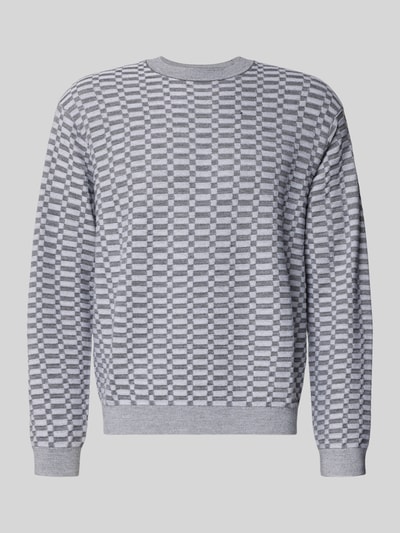 Produktfoto, Strickpullover mit gerippten Abschlüssen von Emporio Armani, Reine Schurwolle, Regular-Fit, graues Karo-Muster, Rundhalsausschnitt