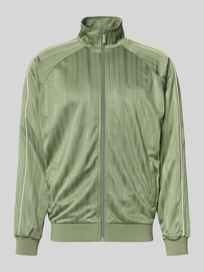 Produktfoto, Regular Fit Sweatjacke mit Stehkragen von Karl Kani, kolor oliwkowy, krój regular fit, zamek błyskawiczny, elastyczne wykończenia, długość tyłu w rozmiarze m: 70 cm, długość rękawów w rozmiarze m: 67 cm, delikatna prążkowana faktura