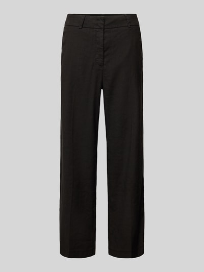 Produktfoto, dunkle Damen Chino aus Leinen-Mix mit Bügelfalte Modell 'CALIFORNIA' von Cambio, Straight Fit, glatte Textur, vorne sichtbarer Haken- und Reißverschluss, französische Eingrifftaschen, Gesäßtaschen, Bundweite 41 cm, Innenbeinlänge 68 cm, Größe 36.