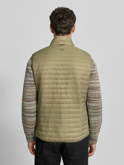Männermodel draagt Steppweste mit Stehkragen van camel active in regular fit, met opstaande kraag, ritssluiting, borstzak met rits, labeldetail en steekzakken, ruglengte maat M 68 cm, schouderbreedte 46 cm, borstwijdte 60 cm, lichtgroene kleur, horizontaal doorgestikte structuur, Ganzkörperansicht Rückansicht.