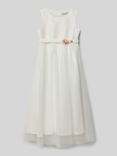 Produktfoto, Regular Fit Kleid mit floralem Besatz von Une Hautre Couture, Kinder Kleid aus Baumwoll-Mix mit Rundhalsausschnitt, ärmelloses Design, blickdichtem Unterrock und Knopfleiste, Rückenlänge 104 cm bei Größe 134.