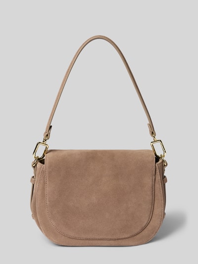 Produktfoto, Shoulder Bag aus echtem Leder Modell 'Big Sister' von Hey Marly in Beige mit Label-Detail, strukturierte Wildleder-Optik, Damen Schulterriemen, Hauptfach mit Überschlag und Magnetverschluss, Reißverschlussfach innen, abnehmbarer Riemen und Henkel, Maße ca. 28x19x7 cm.