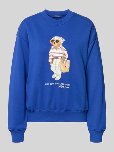 Produktfoto, Regular Fit Sweatshirt aus Baumwoll-Mix mit Bear-Motiv von Polo Ralph Lauren, blau, unifarben, langarm, gerippte Abschlüsse, Motiv-Print auf Vorderseite, Crew Neck, Damen Sweatshirt.