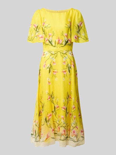 Produktfoto, Midikleid mit Seide-Anteil und Schmetterlingsärmeln von Marc Cain, mieszanka lnu i jedwabiu, taliowany fason, okrągły dekolt, rękawy-motylki, zamek błyskawiczny z tyłu, długość tyłu w rozmiarze 36: 124 cm, szerokość klatki piersiowej w rozmiarze 36: 45 cm, długość rękawów w rozmiarze 36: 33 cm, żółty z kwiatowym wzorem
