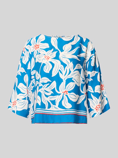Produktfoto, Relaxed Fit Bluse aus reiner Viskose Modell 'Rylie' von GUIDO MARIA KRETSCHMER WOMAN mit floralem Allover-Print und 3/4-Arm in Blau und Weiß, glatte Textur, Rückenlänge 55 cm bei Größe 36, Ärmellänge 38 cm.