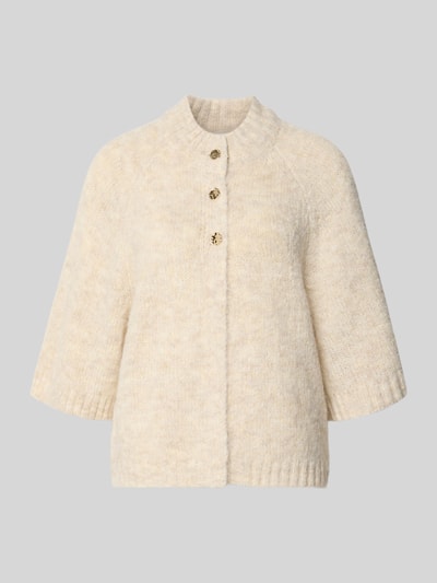 Produktfoto, Relaxed Fit Cardigan mit Woll-Anteil Modell 'Benutta' von Neo Noir in Strick-Optik, beige Töne, halbe Ärmel, Knopfleiste.