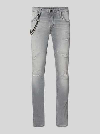 Produktfoto, Tapered Fit Jeans mit Ketten-Detail von Antony Morato in Grau aus Baumwoll-Elasthan-Mix im Destroyed-Look, 5-Pocket-Design, Knopf- und Reißverschluss, Bundweite 40 cm, Innenbeinlänge 82 cm, glatte und leicht raue Textur.