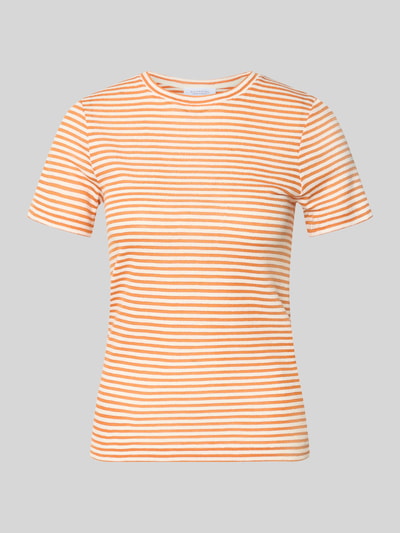 Produktfoto, T-Shirt mit Rundhalsausschnitt und Blockstreifen von Rich & Royal in Orange-Weiß, Damen T-Shirt aus Baumwoll-Mix, Regular-Fit, Rückenlänge 58 cm bei Größe S