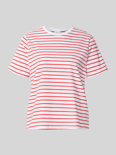 Produktfoto, T-Shirt mit Rundhalsausschnitt Modell 'NORA' von Vila, Damen T-Shirt aus Baumwoll-Mix mit Stretch-Anteil, Gerader-Schnitt, rot-weiße Querstreifen, glatte Textur, Rückenlänge bei Größe S: 57 cm.