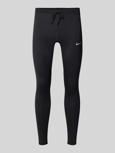 Produktfoto, Tight Fit Sport-Leggings mit Logo-Print von Nike, unifarben schwarz, elastischer Bund, Tunnelzug, Gesäßtaschen, Stretch Material