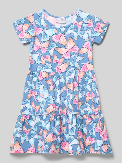 Productfoto, 'Kleid im Stufen-Look mit Rundhalsausschnitt' van Happy Girls, katoen-elastaanmix, A-lijn, allover vlinderprint, blauw met pastel, gelaagde look, lengte rug maat 116: 62 cm