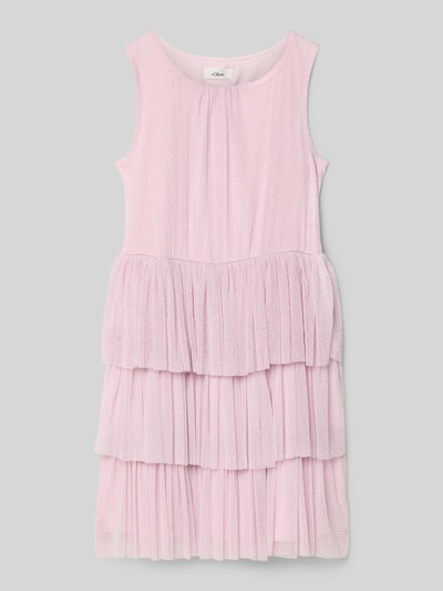Produktfoto, Tailliertes Freizeitkleid im Layer-Look von s.Oliver RED LABEL, unifarbenes rosa Midi-Kleid mit Tüll und Stretch, breite Träger, geraffter Rundhals