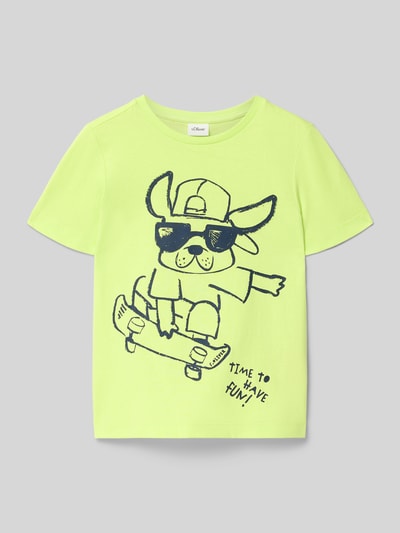 Produktfoto, Regular Fit T-Shirt aus reiner Baumwolle von s.Oliver RED LABEL, unifarben in Gelb, kurzarm, Motiv-Print, Rundhals.