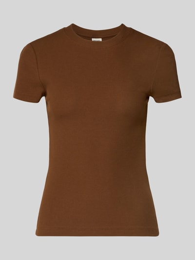 Produktfoto, Cropped T-Shirt mit Rundhalsausschnitt von Stefanel, bawełniany miks ze stretch, krój slim fit, drobny prążek, brązowy