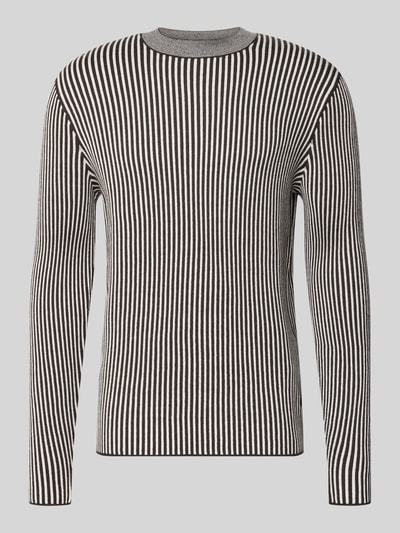 Productfoto, Regular Fit Strickpullover aus Schurwolle-Mix mit Streifenmuster van Armani Exchange, zwart-wit, fijne textuur, elastische boorden, herenpullover, schapenwolmix, regular fit, strepen, ruglengte 70 cm, mouwlengte 69 cm