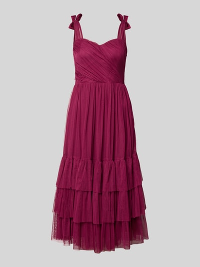 Produktfoto, Knielanges Cocktailkleid im Stufen-Look von LACE & BEADS, kolor bordowy, mesh, A-linia, drapowania, długość do kolan, długość tyłu w rozmiarze S: 104 cm, szerokość w rozmiarze S: 40 cm