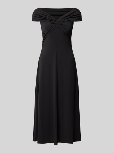 Produktfoto, zwarte midi-jurk in off-shoulder-design met stretch, getailleerd, V-hals, plooien, MICHAEL Michael Kors, elastische materiaalmix, midilengte, ruglengte maat S 107 cm, borstwijdte maat S 35 cm