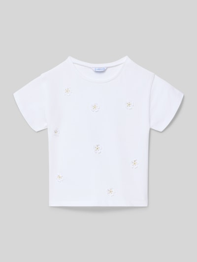 Productfoto, T-Shirt uit pure katoen van Mayoral, recht model, ronde hals, korte mouwen, florale applicaties met effectgaren, ruglengte maat 116: 37 cm