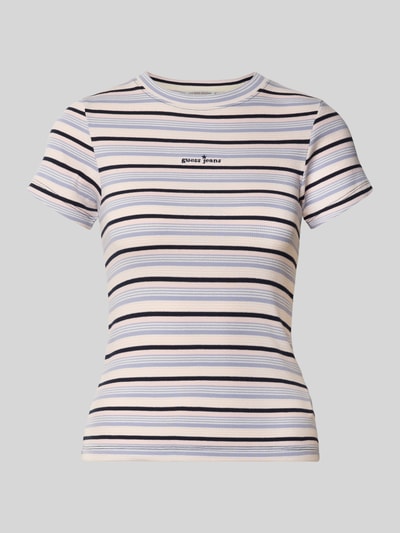 Produktfoto, Slim Fit T-Shirt mit Logo-Stitching von GUESS aus elastischem Baumwoll-Mix, mehrfarbige Streifen, Rundhalsausschnitt, Rückseite 53 cm