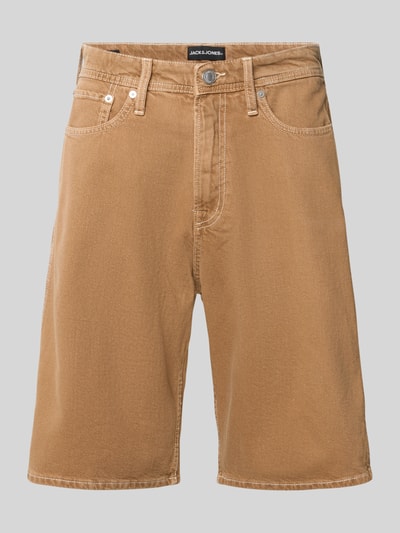 Produktfoto, Baggy Fit Jeansshorts mit Eingrifftaschen Modell 'ALEX' von JACK & JONES in Hellbraun, Reine Baumwolle, kurze Form, sichtbare Nähte, Bundweite 46 cm, Innenbeinlänge 28 cm, Herren