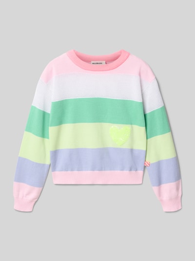 Produktfoto, Regular Fit Pullover in Strick-Optik von BILLIEBLUSH, mehrfarbig gestreift, Pailettenbesatz, Reine Baumwolle, Rundhalsausschnitt, elastische Abschlüsse, Rückenlänge bei Größe 116: 40 cm, Ärmellänge: 42 cm