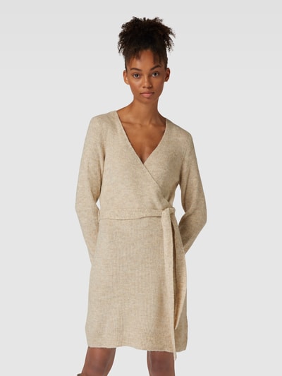 Pieces Knielanges Strickkleid in Wickel-Optik Modell 'ELLEN' Beige 4