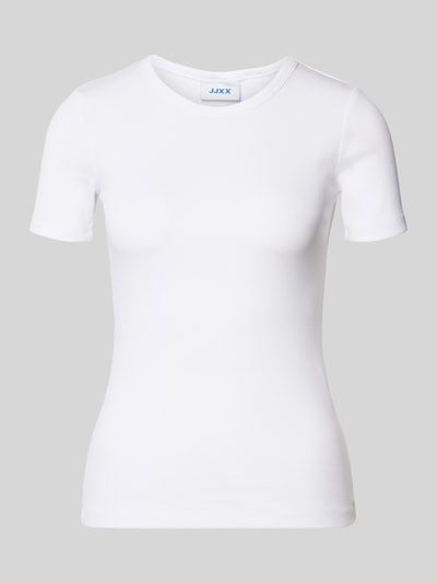 Produktfoto, weißes T-Shirt mit geripptem Rundhalsausschnitt Modell 'FRANKIE' von JJXX, Slim Fit, Baumwoll-Elasthan-Mix, Rückenlänge 54 cm