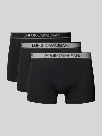 Produktfoto, Slim Fit Trunks mit Logo-Stitching im 3er-Pack von Emporio Armani aus schwarzem, elastischem Baumwoll-Mix mit grauem Bund