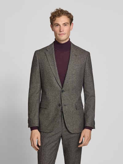 Männermodel trägt Regular Fit Sakko aus Woll-Mix Modell 'Jasper' von BOSS in Grau mit feiner Struktur, Ganzkörperansicht von vorne, Herren Sakko von BOSS.