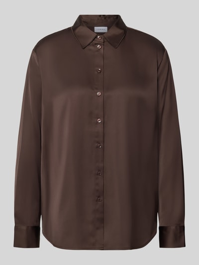 Produktfoto, Relaxed Fit Hemdbluse aus Viskose-Mix von COMMA, braune Farbe, glänzende glatte Oberfläche, Hemdblusenkragen, durchgehende Knopfleiste, langärmeliges Design, Rückenlänge 69 cm und Ärmellänge 60 cm bei Größe 36.