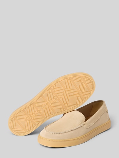 Produktfoto, Loafer aus echtem Veloursleder Modell 'KARA 2B' von Marc O'Polo, beżowy, zaokrąglony czubek, gładka faktura, płaski obcas, otwarty, podeszwa strukturyzowana, wykonane z prawdziwej skóry