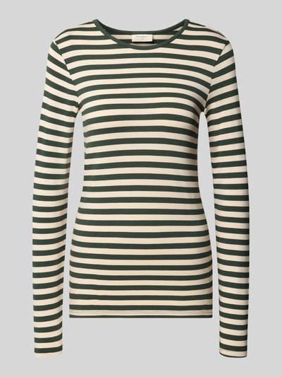 Produktfoto, Skinny Fit Longsleeve aus Viskose-Mix Modell 'Liana' von FREE/QUENT, dunkle und cremefarbene Querstreifen, Rundhalsausschnitt, Damen Longsleeve, elastische Textur, Rückenlänge bei Größe S 61 cm.