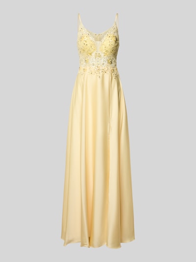 Produktfoto, 'Abendkleid mit floralem Ziersteinbesatz' von Laona, satyn, żółty, krój slim fit, florystyczny zdobienie kamieniami, cekiny, cienkie ramiączka, dekolt V, półprzezroczysty, rozcięcie, długość tyłu w rozmiarze 36: 124 cm, szerokość w rozmiarze 36: 30 cm