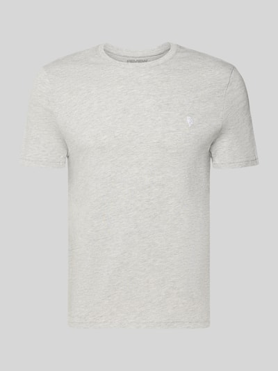 Produktfoto, Basic Slim Fit T-Shirt mit Flock-Logo auf der Brust von REVIEW, hellgrauer Baumwoll-Viskose-Mix, Rundhalsausschnitt, glatte Textur.